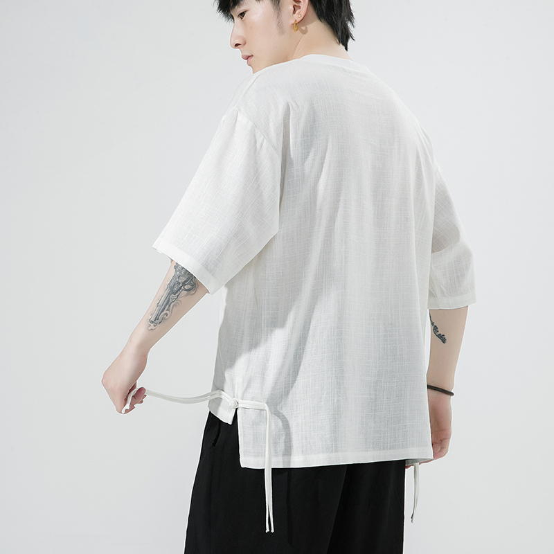 Herren-T-Shirt aus Baumwolle und Leinen, japanisch, lässig, hundert Tops, Sommer, kurzärmelig, chinesische Vintage-lose Kleidung