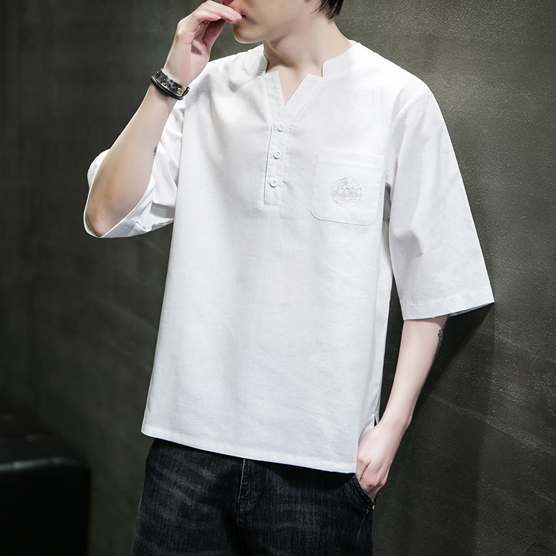 Herren besticktes T-Shirt Sommer Vintage Kurzarmhemd japanische lässige einfarbige Harajuku-Tops