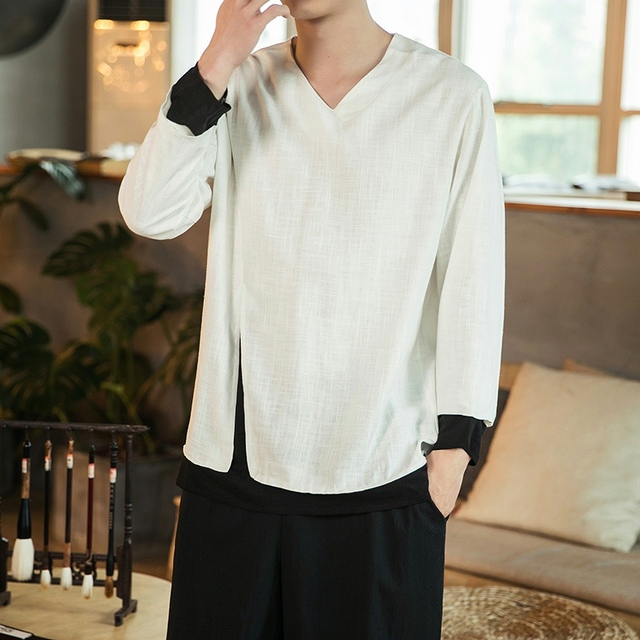 Plus Größe männer Chinesische Shirt Top Langarm Gefälschte Zwei Stück Leinen Retro Streetwear Koreanische Kleidung T Shirt