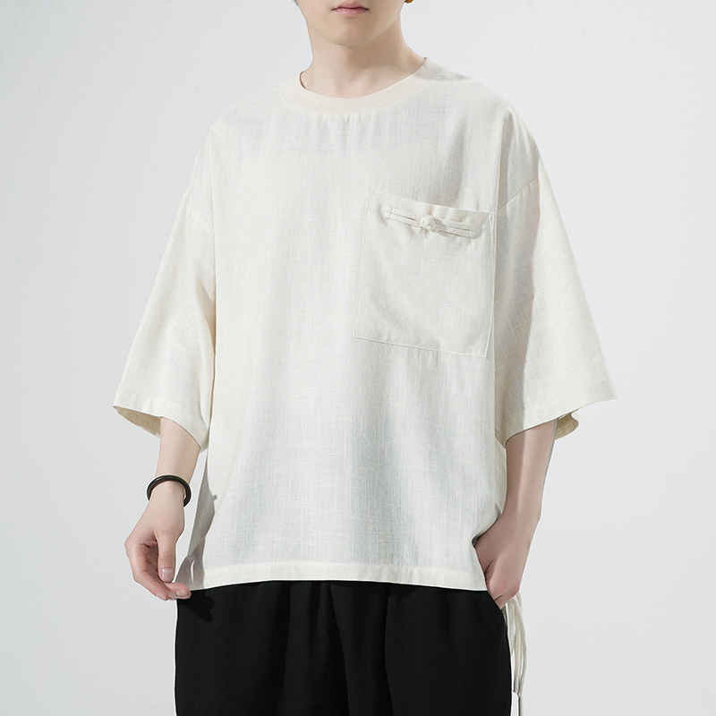 Herren-T-Shirt aus Baumwolle und Leinen, japanisch, lässig, hundert Tops, Sommer, kurzärmelig, chinesische Vintage-lose Kleidung