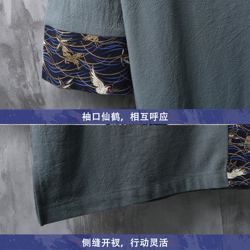 Chinesisches Herren-T-Shirt mit lockeren, großen Nähten, bedruckter Baumwolle und Leinen, Rundhalsausschnitt, trendiges T-Shirt mit Scheibenknöpfen und Fünf-Punkt-Ärmeln