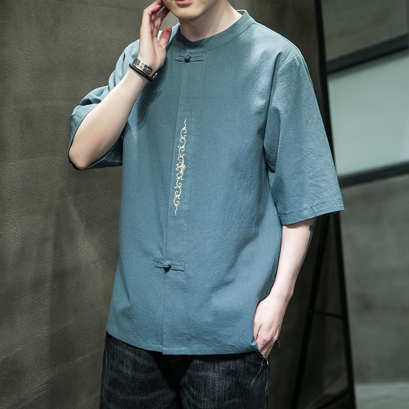 Chinesisches traditionelles Kleid, lockeres Plus-Size-Leinen-Kurzarm-T-Shirt für Herren, dünner Tang-Anzug, Sommer-Tai-Chi-Kung-Fu-Kleidung