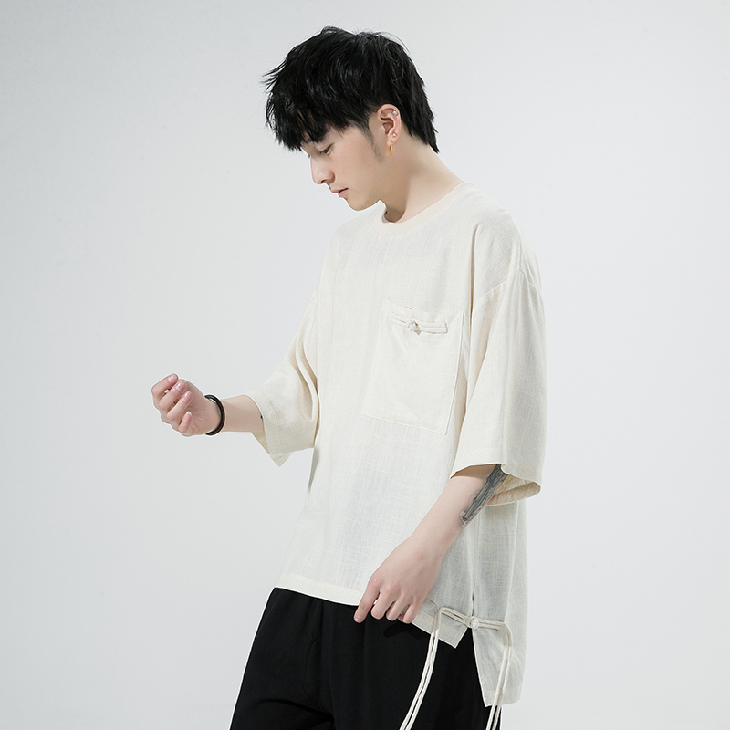 Herren-T-Shirt aus Baumwolle und Leinen, japanisch, lässig, hundert Tops, Sommer, kurzärmelig, chinesische Vintage-lose Kleidung