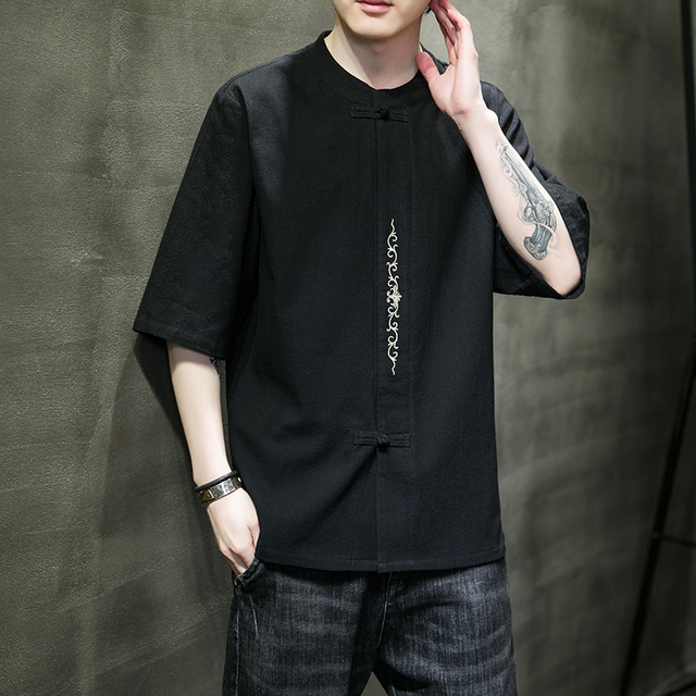 Chinesisches traditionelles Kleid, lockeres Plus-Size-Leinen-Kurzarm-T-Shirt für Herren, dünner Tang-Anzug, Sommer-Tai-Chi-Kung-Fu-Kleidung