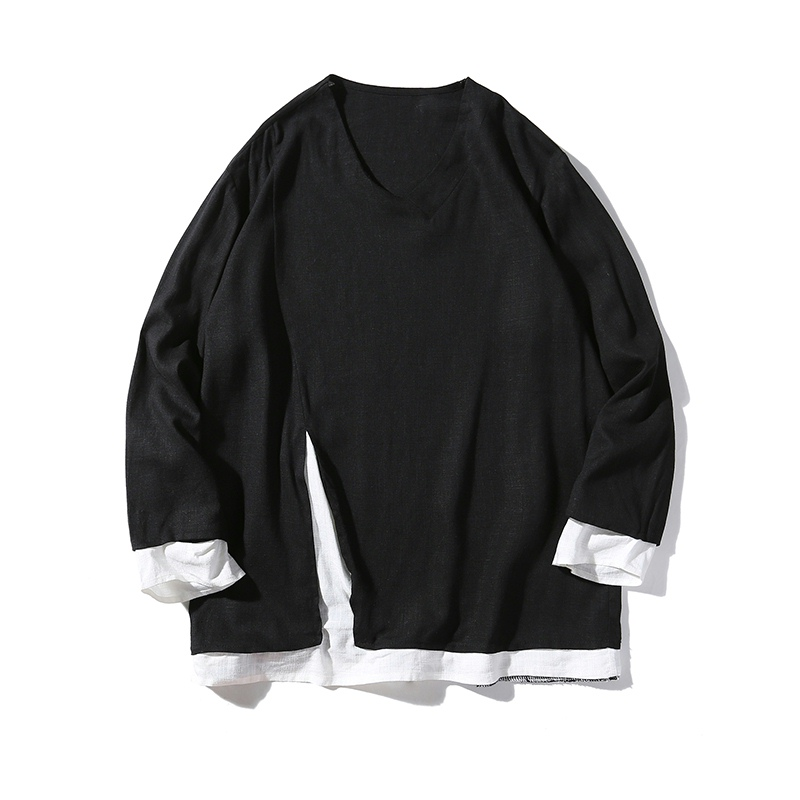 Plus Größe männer Chinesische Shirt Top Langarm Gefälschte Zwei Stück Leinen Retro Streetwear Koreanische Kleidung T Shirt