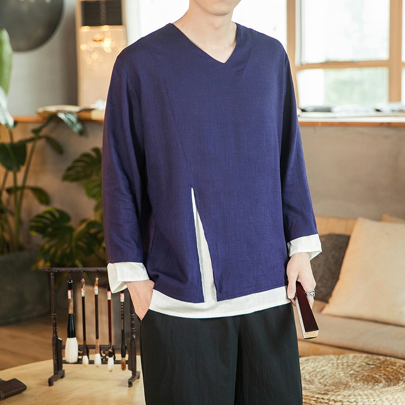 Plus Größe männer Chinesische Shirt Top Langarm Gefälschte Zwei Stück Leinen Retro Streetwear Koreanische Kleidung T Shirt