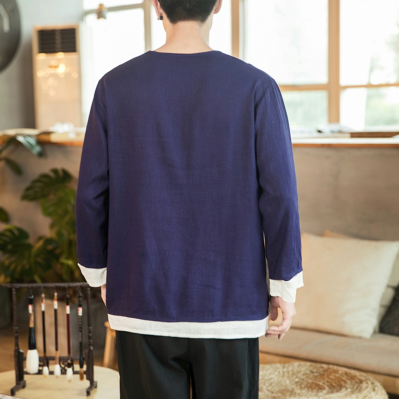 Plus Größe männer Chinesische Shirt Top Langarm Gefälschte Zwei Stück Leinen Retro Streetwear Koreanische Kleidung T Shirt