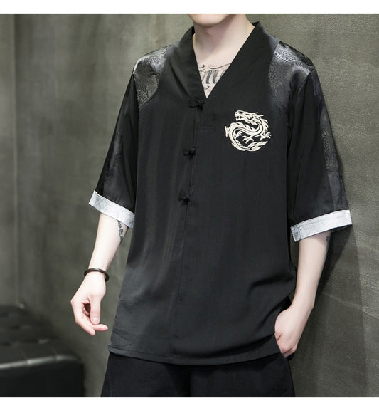 Japanisches Samurai-Kimono-T-Shirt mit japanischer Drache-Stickerei, Sommer-Farbblock-Shirt mit V-Ausschnitt, übergroßes Oberteil