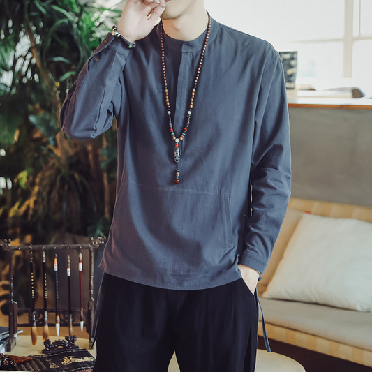 Herbst Chinesischen Stil männer Baumwolle und Leinen Lange-ärmeln T-shirt Hanfu Laien Buddhistischen Meditation Kleidung Flut Marke Shirt top