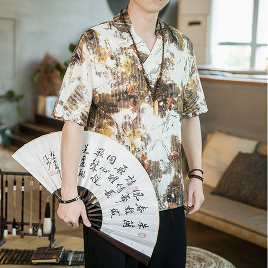 Herren Retro Floral Baumwolle Leinen Kurzarm T-Shirt Buddhistischer Laie Hanfu Herrenhemd Kurzarm Streetwear Übergroß