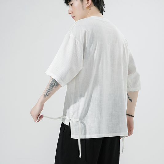 Herren-T-Shirt aus Baumwolle und Leinen, japanisch, lässig, hundert Tops, Sommer, kurzärmelig, chinesische Vintage-lose Kleidung