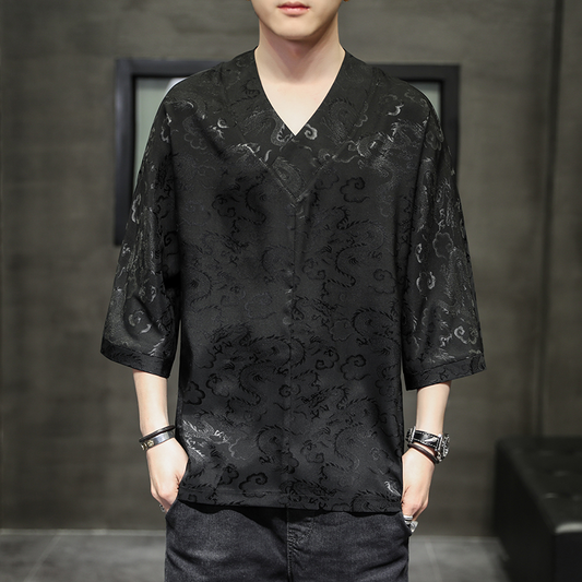 Chinesische männer T-shirt Vintage Tang-dynastie Satin Drachen Print Tops Plus Kleine Hanfu männer Orientalische Kleidung Kurzarm hemd
