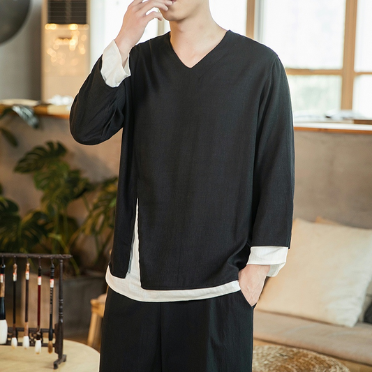 Plus Größe männer Chinesische Shirt Top Langarm Gefälschte Zwei Stück Leinen Retro Streetwear Koreanische Kleidung T Shirt