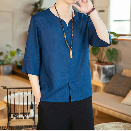 Asiatische Kleidung Männer Leinen V-ausschnitt T-shirt Sommer Neue Einfarbig Casual Tops Plus Größe Kimono Japanische Samurai Yukata Kleidung