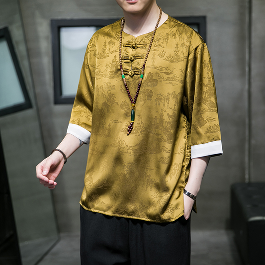 Frühling und Sommer Neue Chinesische Stil männer Eis Seide Jacquard Elegante kurzarm T-shirt Tang Kleidung Hanfu Solide kimono Top