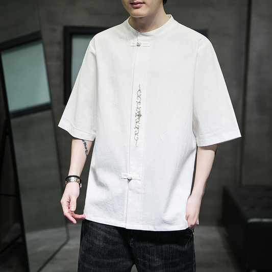 Chinesisches traditionelles Kleid, lockeres Plus-Size-Leinen-Kurzarm-T-Shirt für Herren, dünner Tang-Anzug, Sommer-Tai-Chi-Kung-Fu-Kleidung
