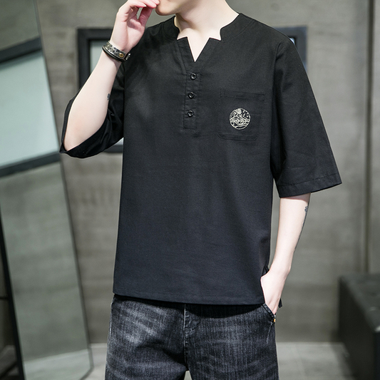 Herren besticktes T-Shirt Sommer Vintage Kurzarmhemd japanische lässige einfarbige Harajuku-Tops