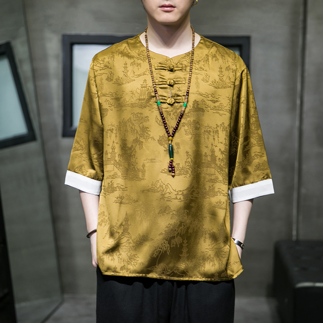 Spring and Summer New Chinese Style Men's Ice Silk Jacquard Elegant Short-sleeved T-shirt Tang Clothing Hanfu Solid Kimono Top