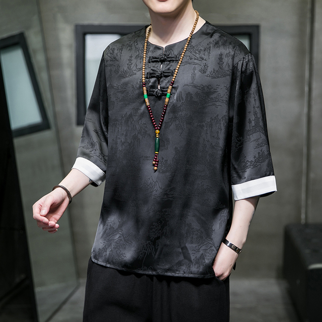Spring and Summer New Chinese Style Men's Ice Silk Jacquard Elegant Short-sleeved T-shirt Tang Clothing Hanfu Solid Kimono Top