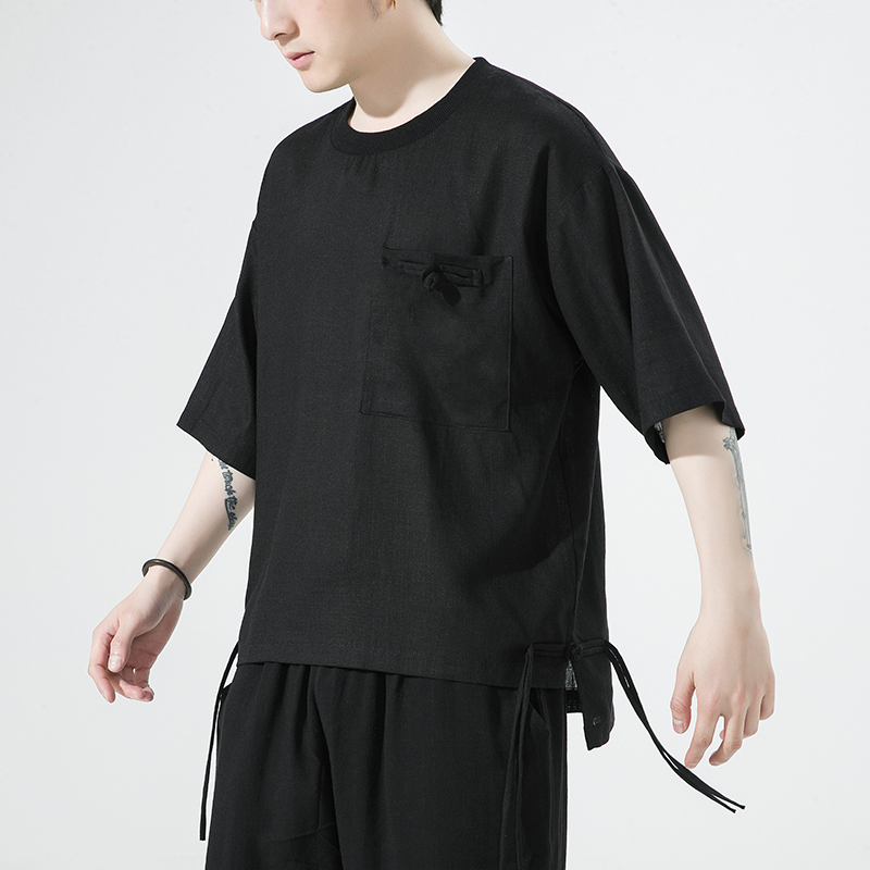 Herren-T-Shirt aus Baumwolle und Leinen, japanisch, lässig, hundert Tops, Sommer, kurzärmelig, chinesische Vintage-lose Kleidung