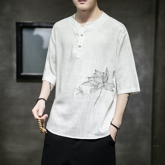 Sommer Herren Leinen T-Shirt mit Blumenstickerei, chinesisches Retro-Freizeithemd, Übergröße, traditionelle asiatische Tang-Tops