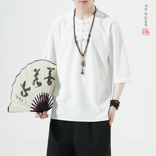 Männer Leinen T-shirt Einfarbig Platte Taste Chinesischen Top Retro Sommer Kurzen ärmeln Tang Casual Kung Fu Kleidung hanfu Shirt